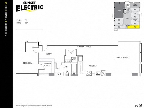 Floor plan for 1 bed, 1 bath, 860 sqft